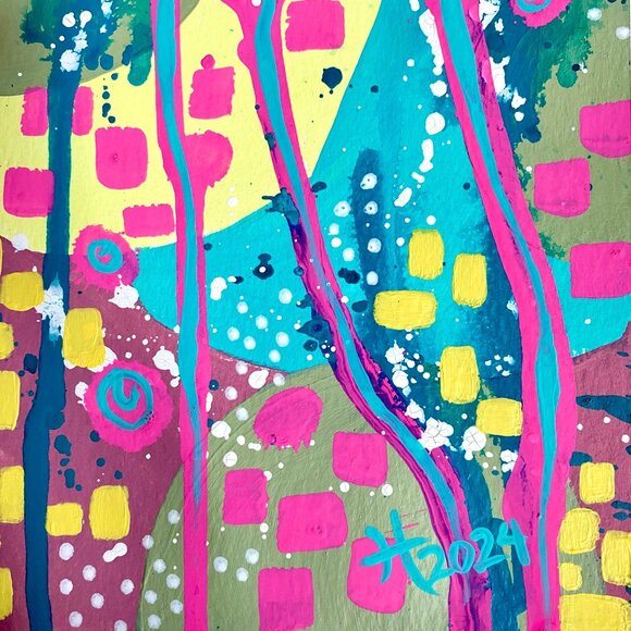 Summer Pop 3 Original Art Acrylic Painting Turquoise Pink Red Frame Ready 8x10in - Picture 3 of 6